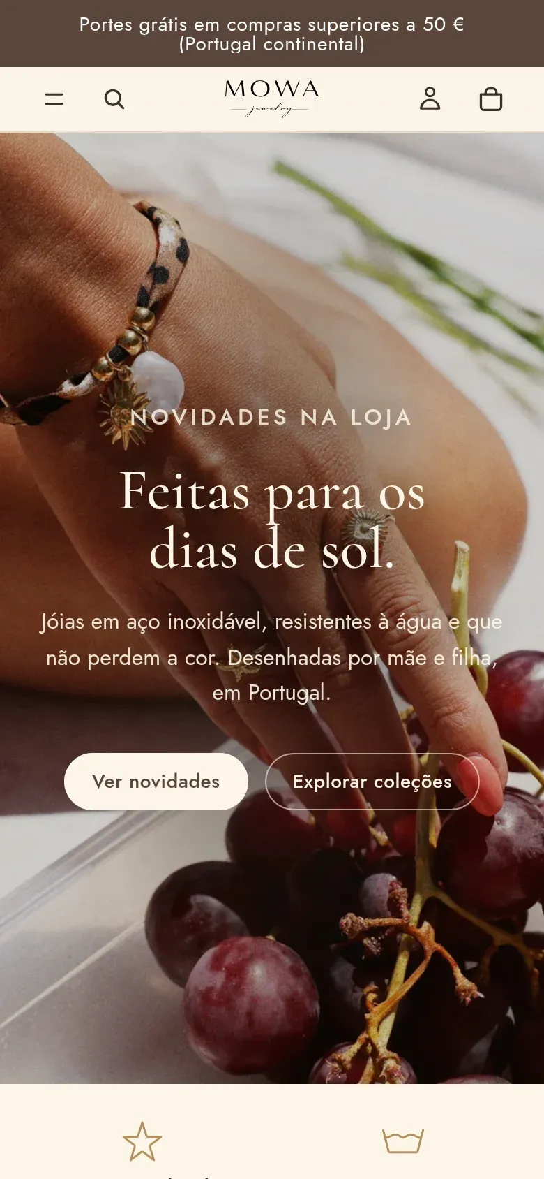Página inicial da MOWA Jewelry no telemóvel
